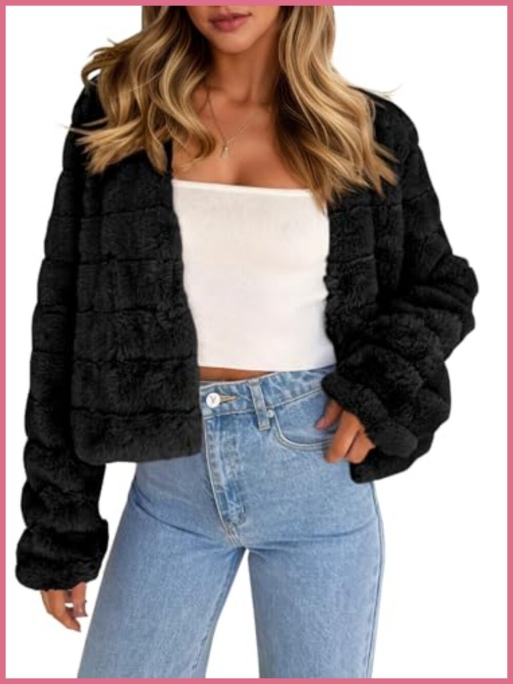 Womens Cropped Faux Fur Jacket Long Sleeve Fluffy Open Front Short Coat
